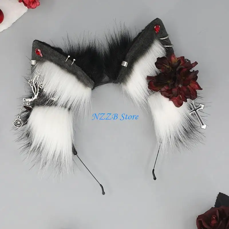 T21F الطلاب العرقيين للجنسين التقطت الصور هيرباند مع زهرة وحلق الديكورات الذئب الأذن رباطات الكرتون هالوين الشعر هوب