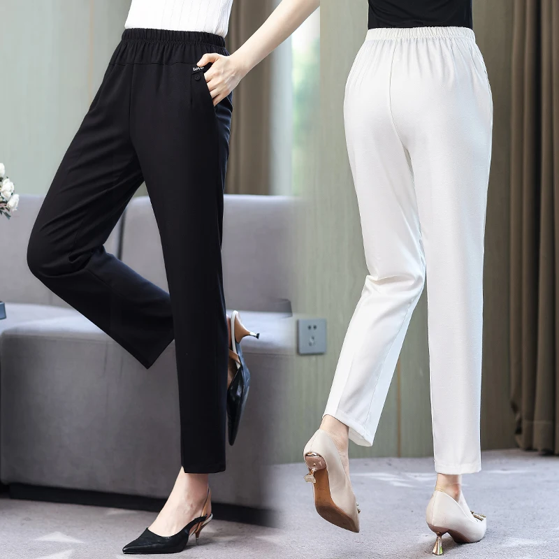 Summer Women Cotton Linen Pants High Waist Vintage Basic Black Pants Women's Summer Straight Elastic Waist Ankle-Length Trousers