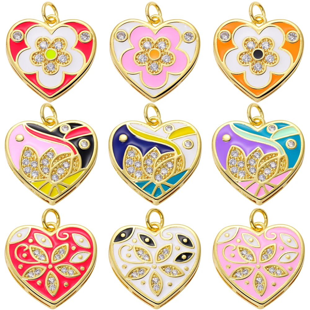 Juya 3Pcs/Lot 18K Gold Plated Decoration Colorful Enamel Flower Love Heart Charms For DIY Women Valentine's Day Jewelry Making