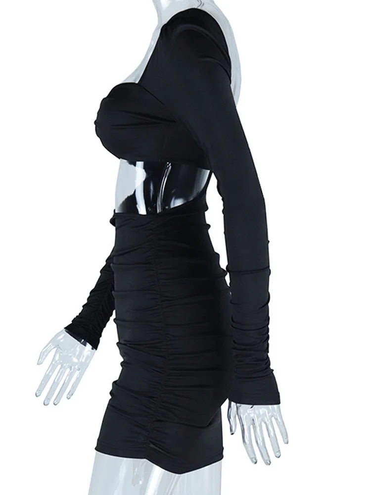 Beyprern ​Women's White Cutout Long Sleeve Ruched Bodycon Dress Sexy Solid Hollow Out Backless Night Clubwear Outfits