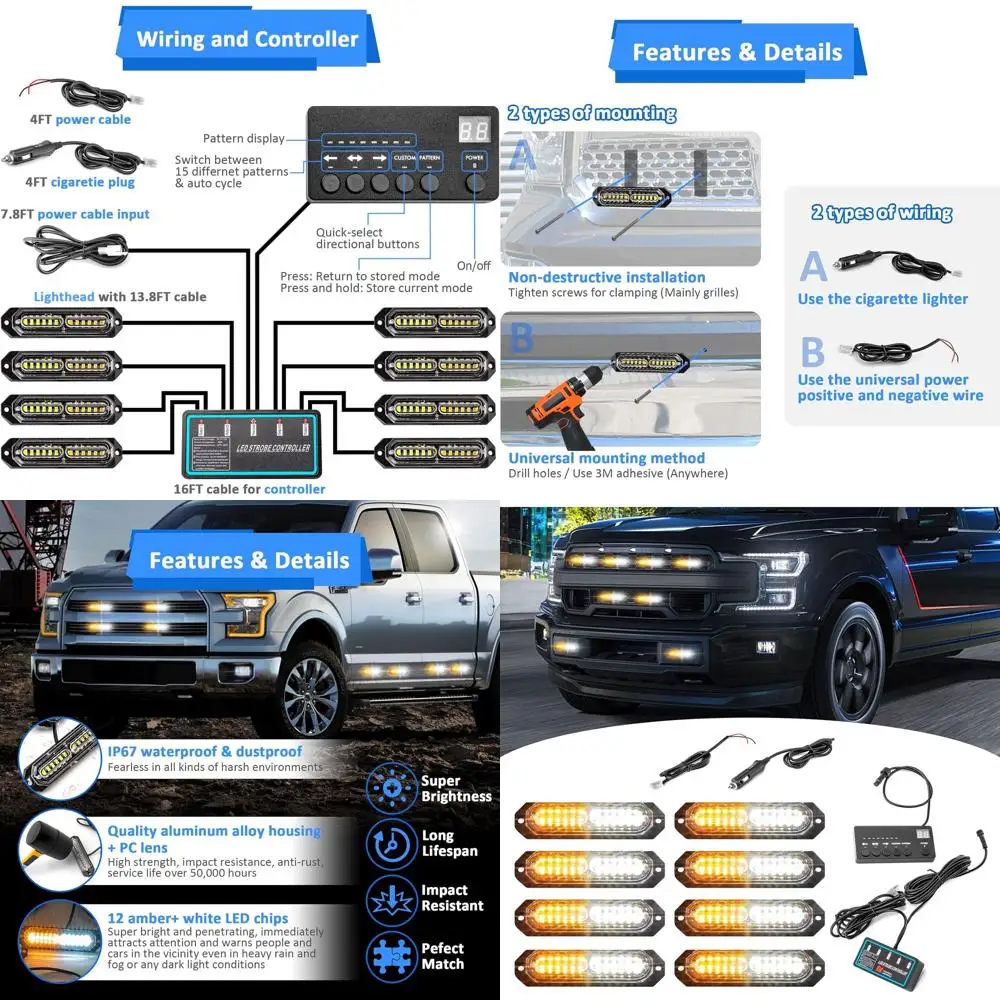 

Surface Mount 12-LED White & Amber Strobe Lights with Controller for Construction Vehicles (8 Pack)