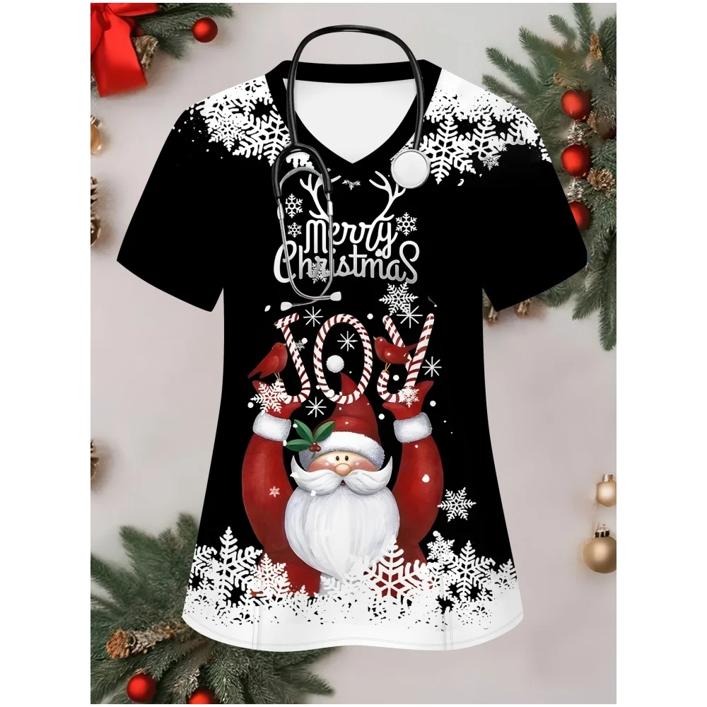 المرأة جميلة عيد الميلاد ثلاثية الأبعاد طباعة تي شيرت برقبة على شكل v خفيفة الوزن جيوب قصيرة الأكمام مثالية للممرضات الطبيب البيطري الجمال المرأة فرك #5
