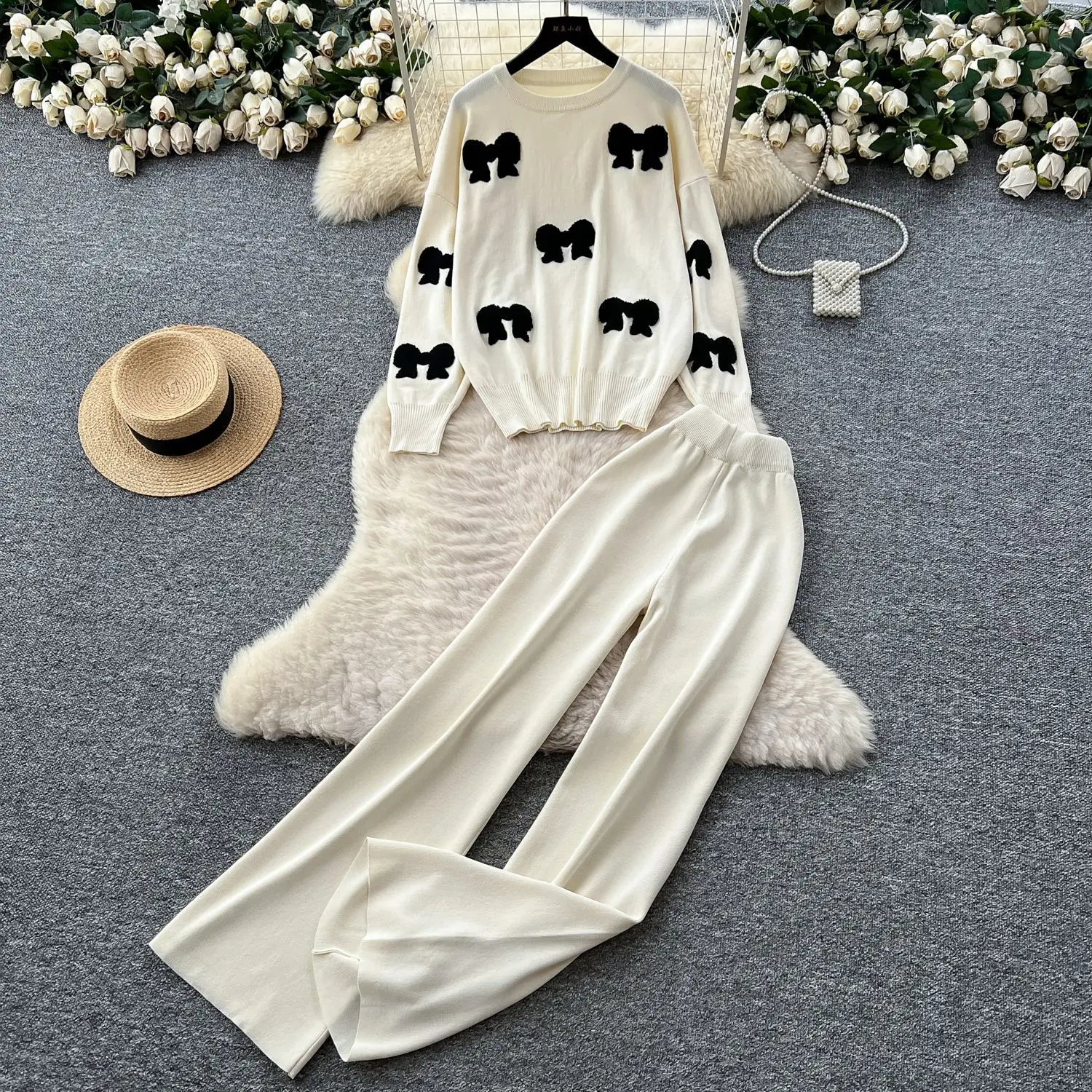 

Женский вязаный комплект из двух предметов, повседневный одинаковый комплект, жаккардовая рубашка с бантом и круглым вырезом, эластичная ампирная талия, широкие брюки, осень