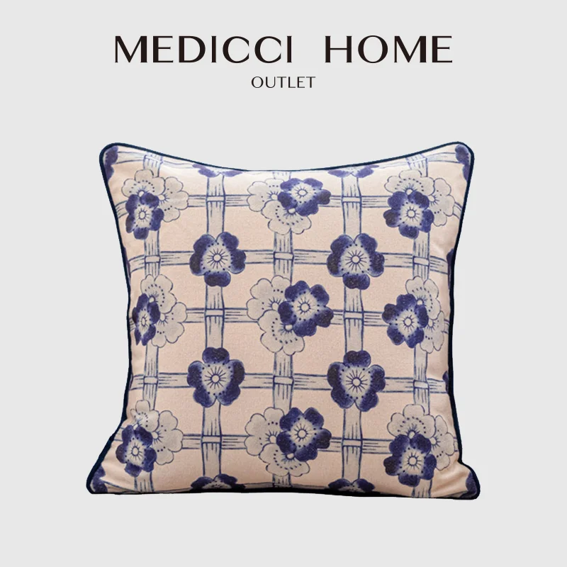 

Medicci Home Rhythmic Lattice Floral Motifs Decorative Cushion Cover Navy Indigo Outdoor Indoor Throw Pillow Case For Sofa Couch