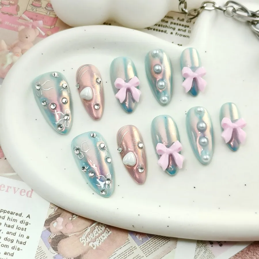 

Handmade pressed fake nails, artificial nails, almond shaped medium to long styles, cute series of adhesive fake nails,