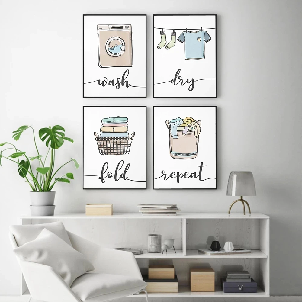 Spanish Wash Dry Fold Repeat Laundry Sign Poster and Print Wall Art Print Canvas Painting Nordic Wall Pictures for Utility Room