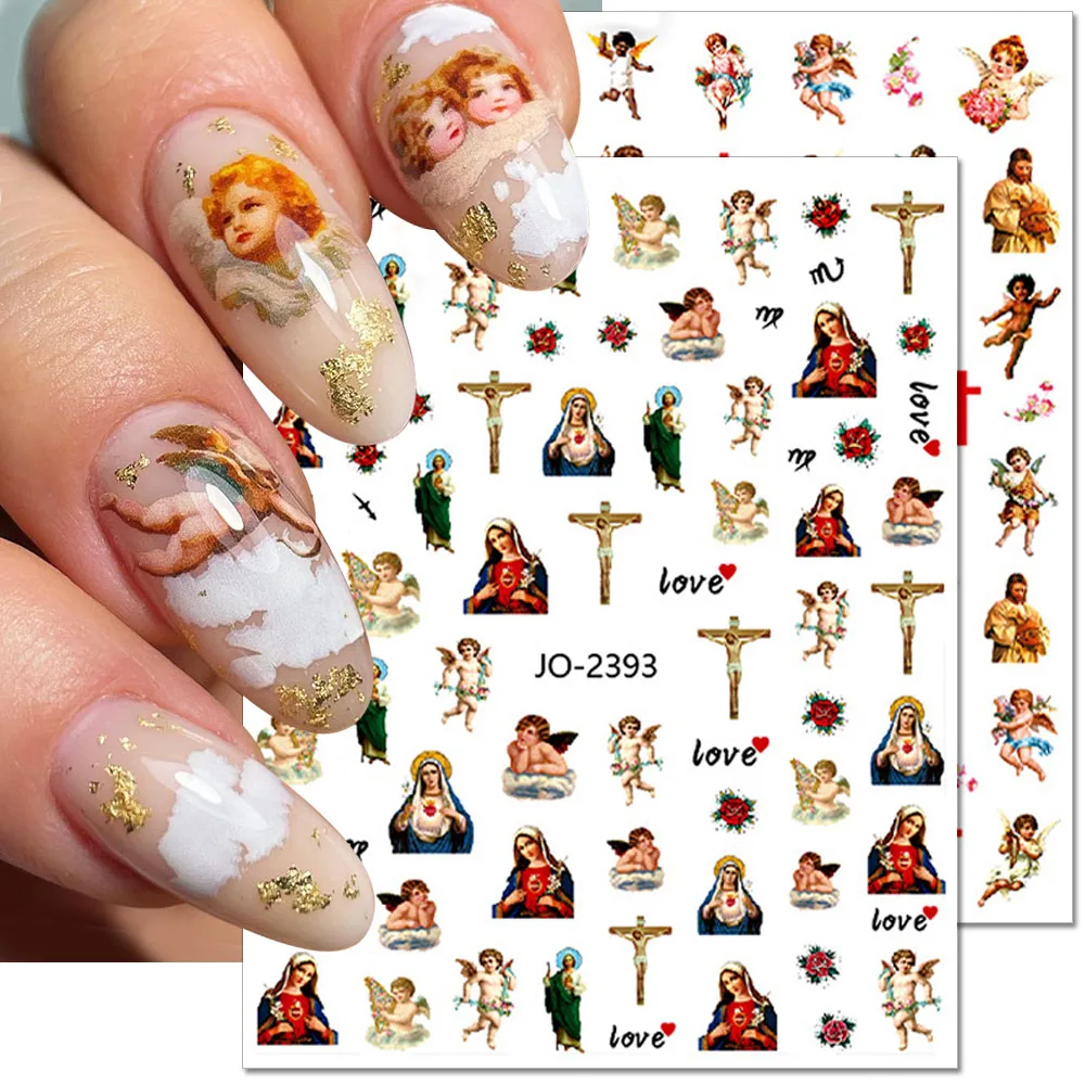 Bakire Mary Nail Art etiketler İsa San Judas tırnak çıkartmalar bebek melek kanatları tırnak çıkartmaları 3D Self-yapışkan çıkartmalar için çivi