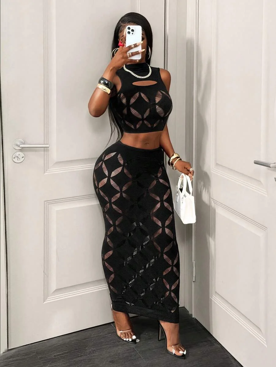 FHSEER Plus Size 2PCS Women's Sexy Set See Through Mesh Hollow Out Crop Tank & High Waist Bodycon Mini Skirt Stretechy Clubwear - Image 3