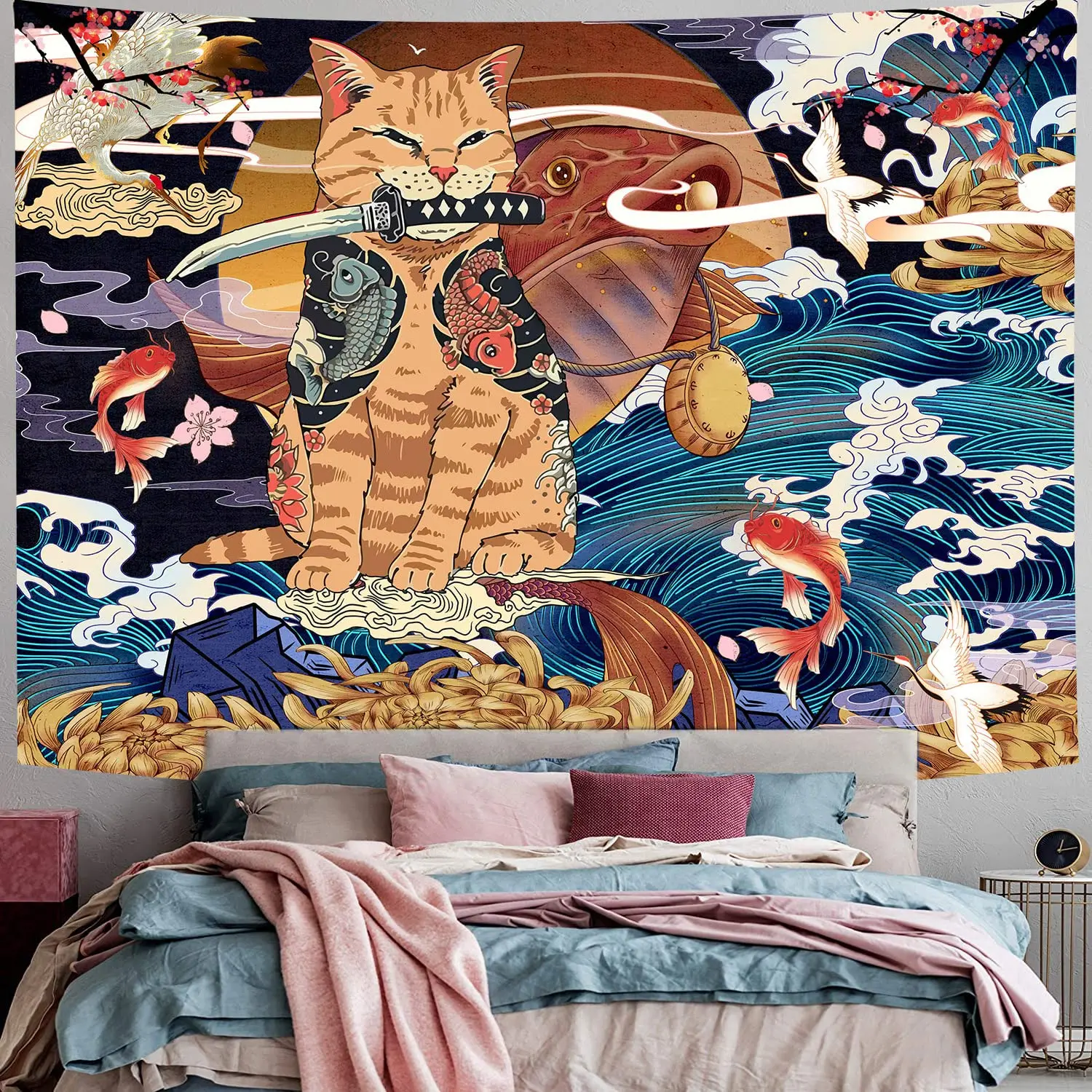 

Samurai Cat Tapestry Japanese Ukiyo-e Style Waves Fish Moon Danford Crane Aesthetic Art Hanging for Decoration Home Wall Blanket