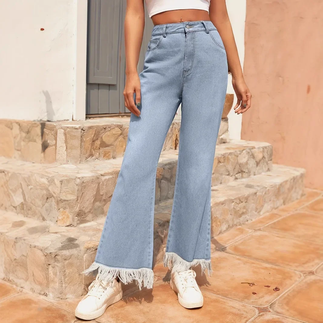 Jeans For Women Streetwear Flare Pants High Waist Pockets Button Basics Ankle Length Trousers  Casual Vintage Denims