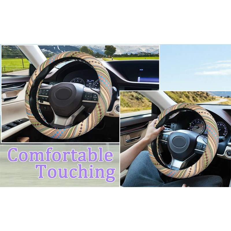 Car Steering Wheel Cover 38cm Universal Elastic National Wind Linen Car Steering Wheel Cover Breathable Non-slip Car Accessories