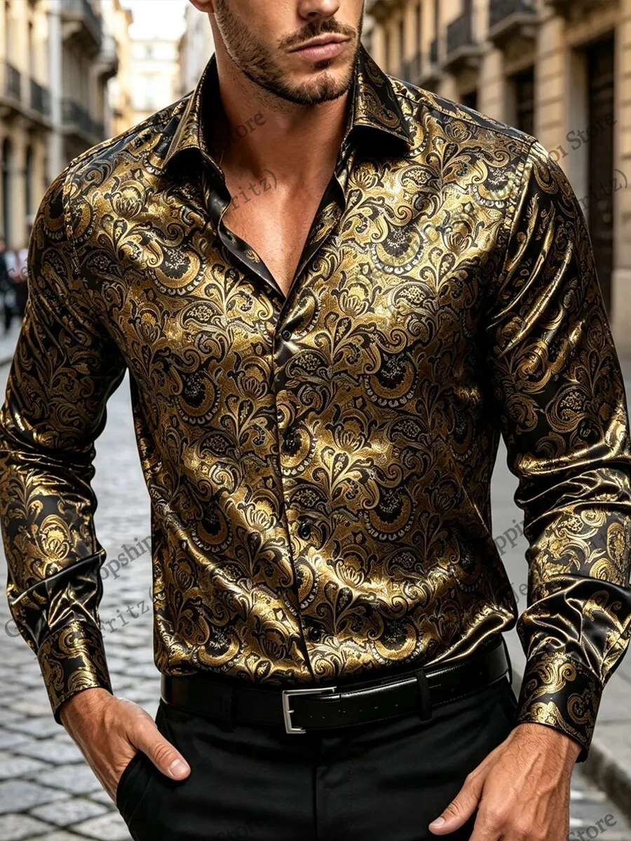 Men's Euro Style Floral Long Sleeve Shirt Luxury Paisley 3d Print Shirt Men Fashion Business Single-breasted Blouse Men Clothing