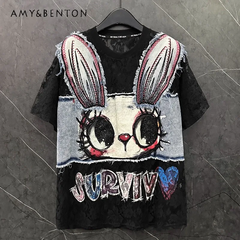 

Summer New Y2k Lace Hollow Splicing Cartoon Rabbit Short-sleeved T-shirt Women's Loose Casual Versatile Medium And Long Top Tees