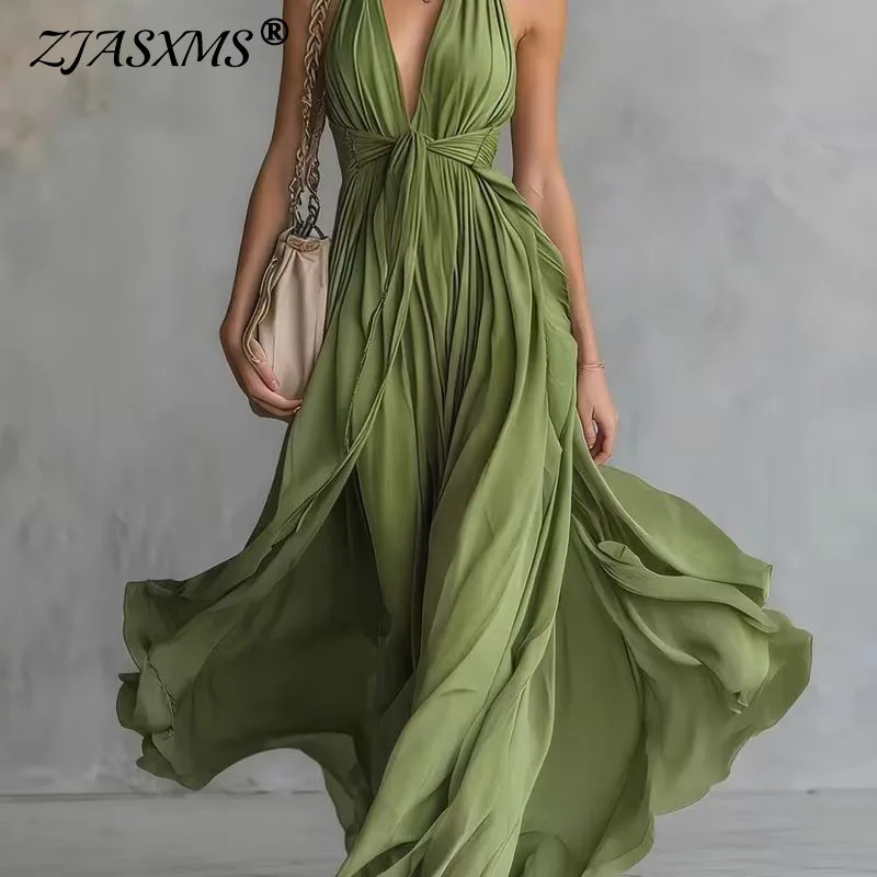 Bohemian Summer Sleeveless Flowy Maxi Dress Sexy Deep V Neck Draped Slim Long Dress Spring Solid High Waist Woman Vacation Dress