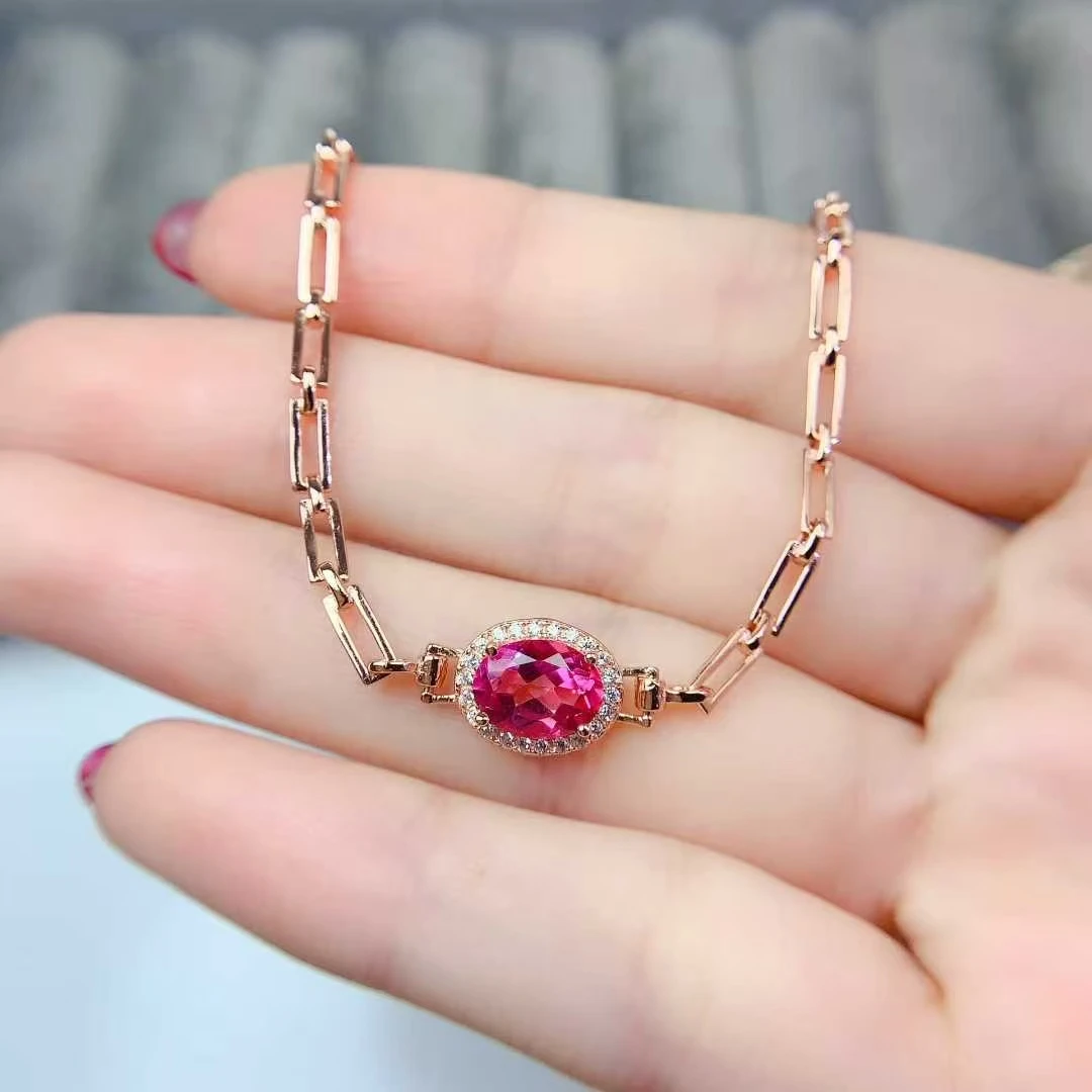 

Fashion 925 Silver Chain Bracelet Natural Topaz Bracelet for Vacation 6mm*8mm 1ct Pink Topaz Silver Jewelry