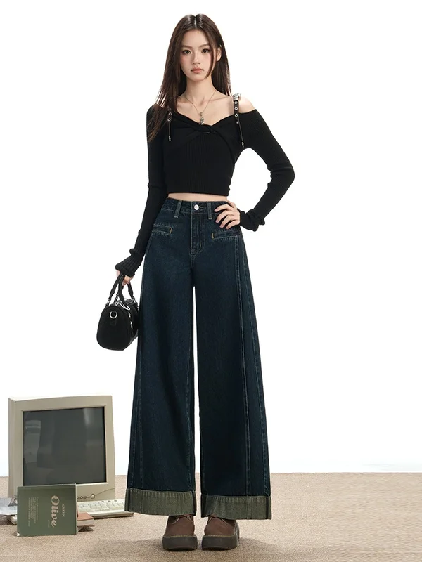 

Deep Blue Retro High Waist Wide Leg Denim Jeans Women's New Design Splicing Loose Nine Point Straight Cut Pants