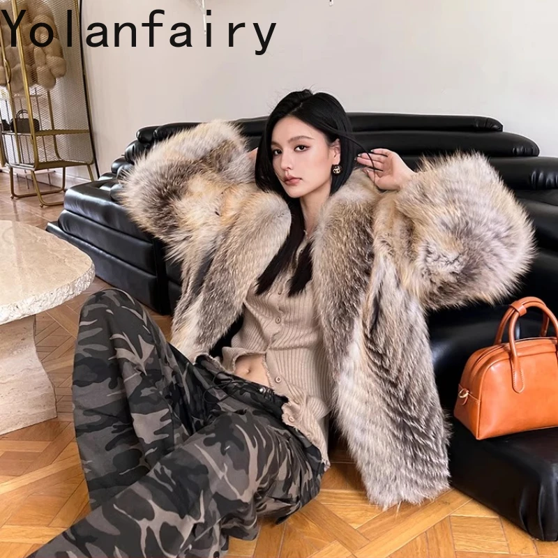 

YOLANFAIRY Autumn and Winte Imported fox fur collar coat thicken turn-down collar Maillard style Fur jacket дубленкаженская 2025