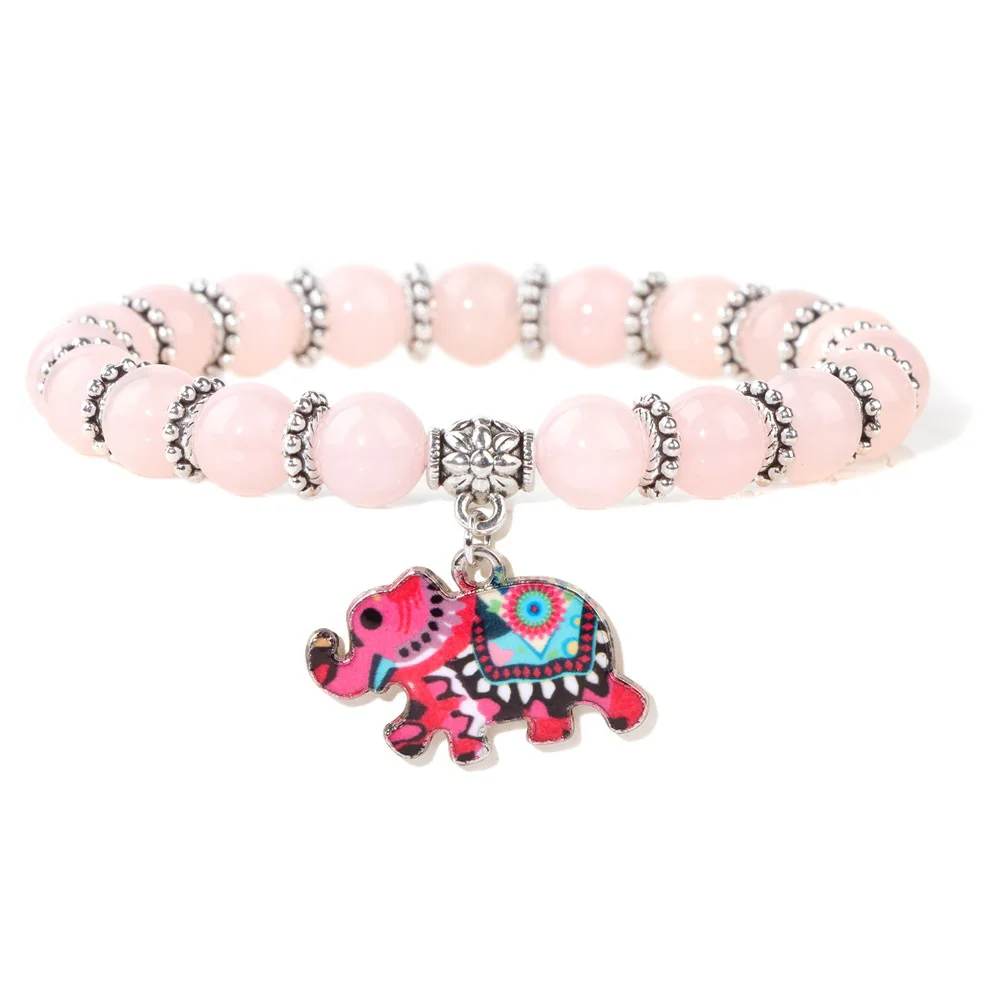 Colorful Metal Elephant Charm Bracelet 8MM Pink Quartzs Chalcedony Turquois Gem Stretch Bangle Cute Lucky Healing Jewelry Gift