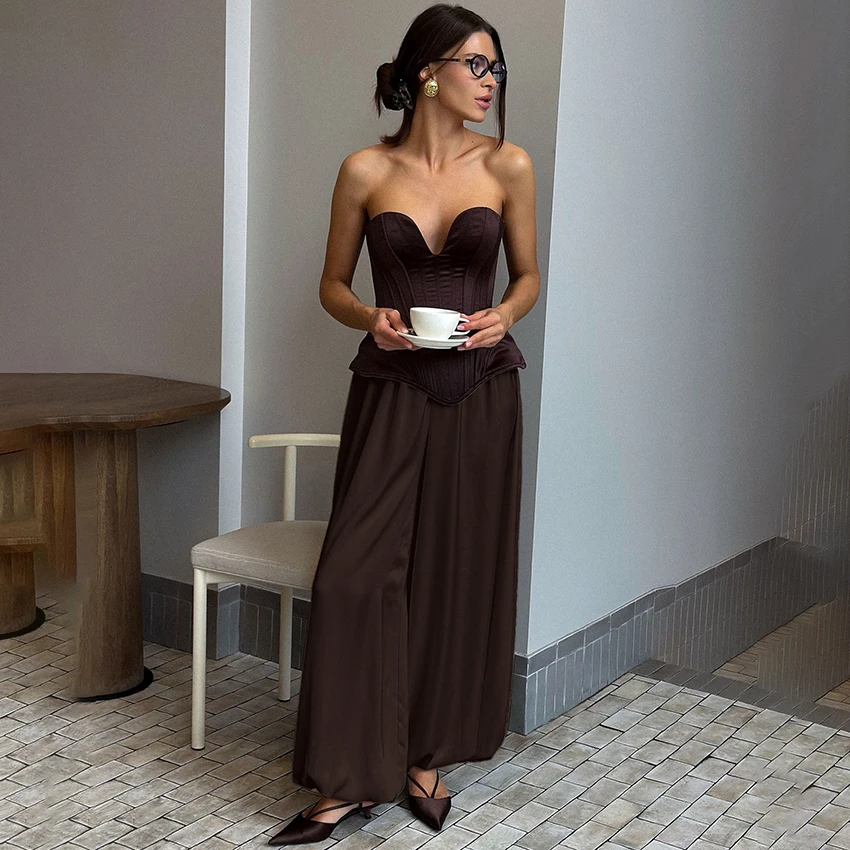 Linad أنيقة البني الساتان البنطلونات للمرأة الصيف الشارع شيك عالية الخصر السراويل الطويلة بناطيل فضفاضة غير رسمية الإناث 2025 الخريف #1