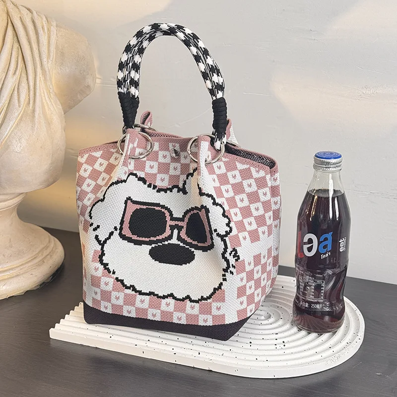 Sunglasses and Puppy-Themed Knitted Handbag, High-Quality Eco-Friendly Gift Bag, Multifunctional Large-Capacity Tote Bag, Suitable for Gifting to Family, Friends, Classmates, Holiday Shopping, Fashionable Handbag, Daily Casual Outing, Carrying Essentials, Women's Bag