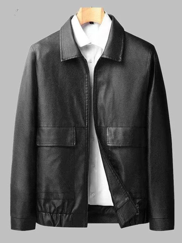 

Haining Men's Leather Jaet Classic Collar New Sle Dad Coat Spring Autumn Thin Casual Leather Jaet Faion Urban Long Sl...