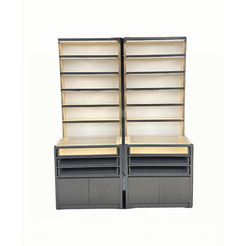 custom.Floor Standing Shop Display Cabinet Eyewear Display Cabinet MDF with Wood Veneer LED Light Display showcase Drawer Storag