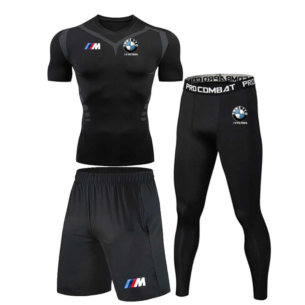 

New Men's Gym Compression Y2KT T-shirt Long Pants Shorts 3-piece Breathable Fast Drying Exercise Fitness Set BMW Logo