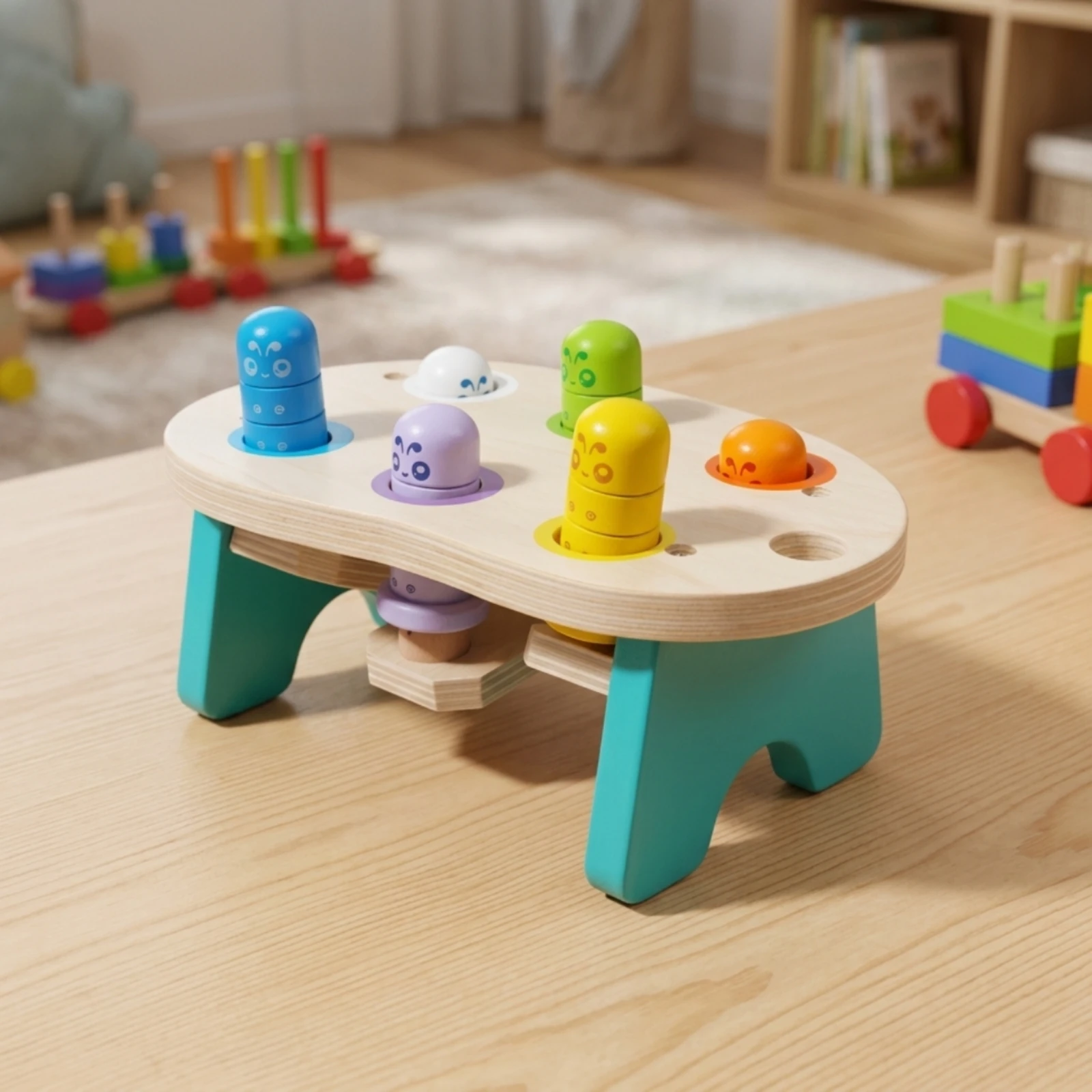 Wooden Pounding Toy Interactive Wooden Toy with Mallet Whack-Apop-up Critter Game Early Learning Pounding Bench with Mallet