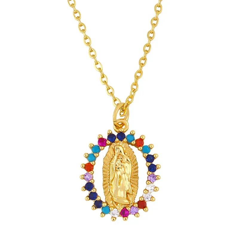 French Creative Personalized Colorful Masonry Round Hoop Necklace Geometric 18k Gold Madonna Pendant Necklace for Women Ladies