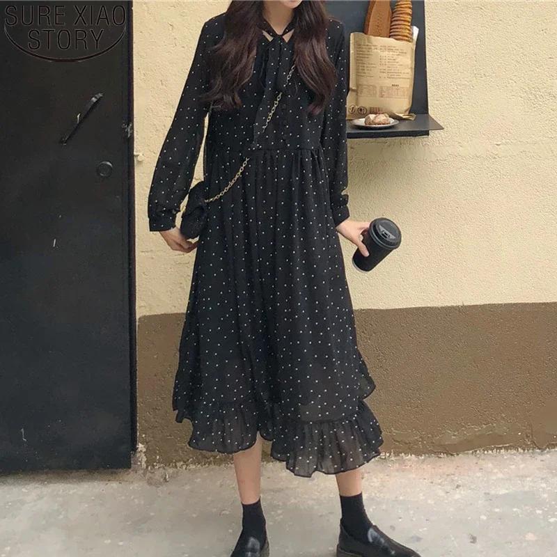 Vintage Loose Long Dress Polka Dots Print Chiffon Dress Women Lace-up Long Sleeve Female A-line Vestidos Femme 2024 Autumn 10860