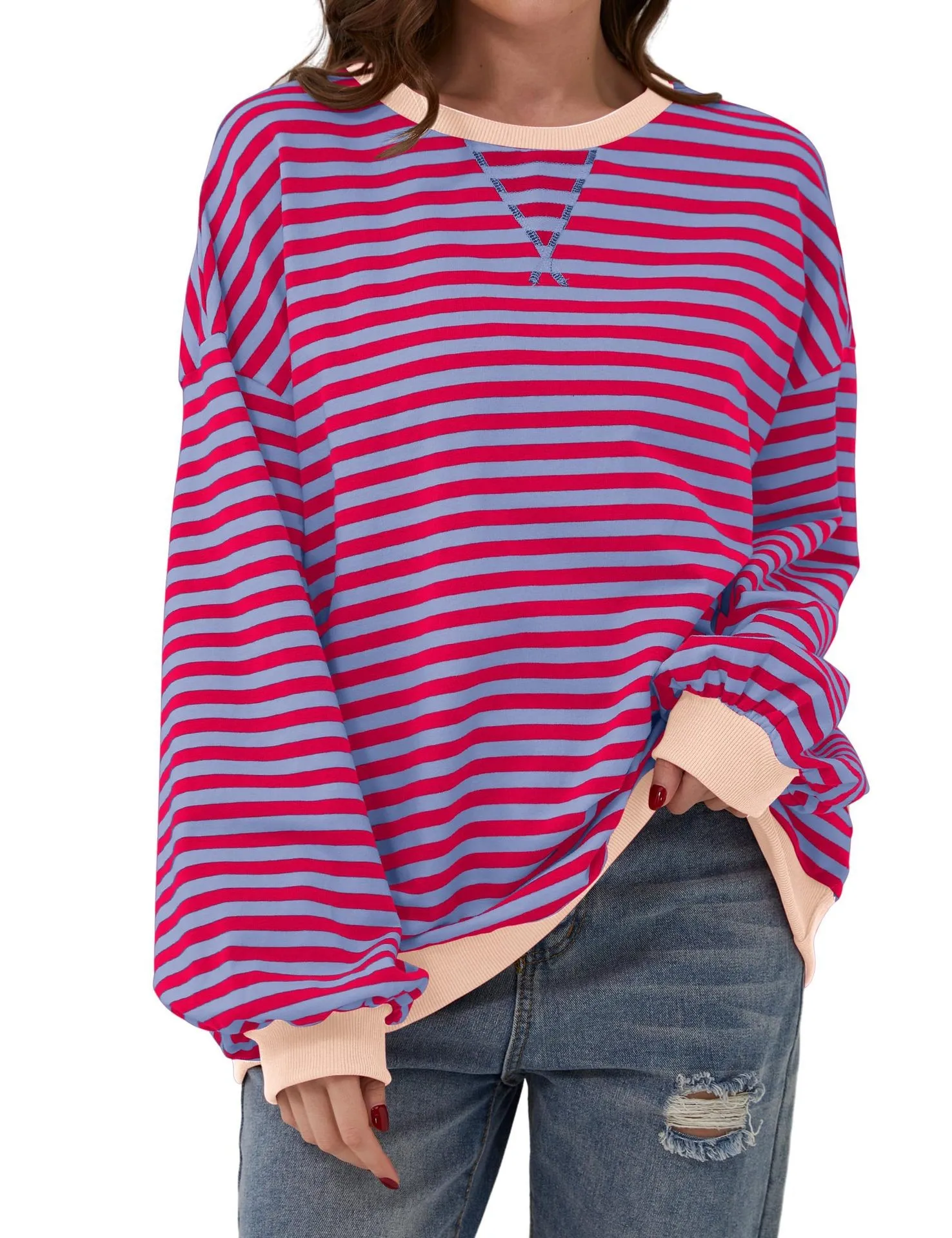 Womens Oversized Sweatshirt 2024 Casual Crewneck Long Sleeve Colorblock Striped Pullover Tunic Tops Outfits