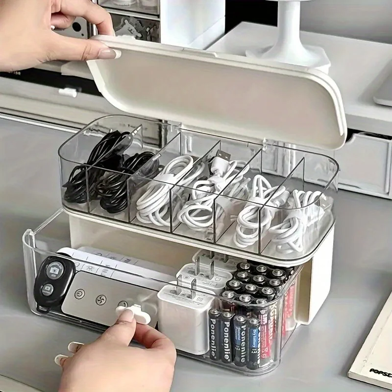 Caja Organizadora de Cables de Escritorio Transparente de Doble Capa - Solución Compacta para Almacenamiento de Cables y Cargadores para Oficina en Casa, Caja de Almacenamiento de Cables
