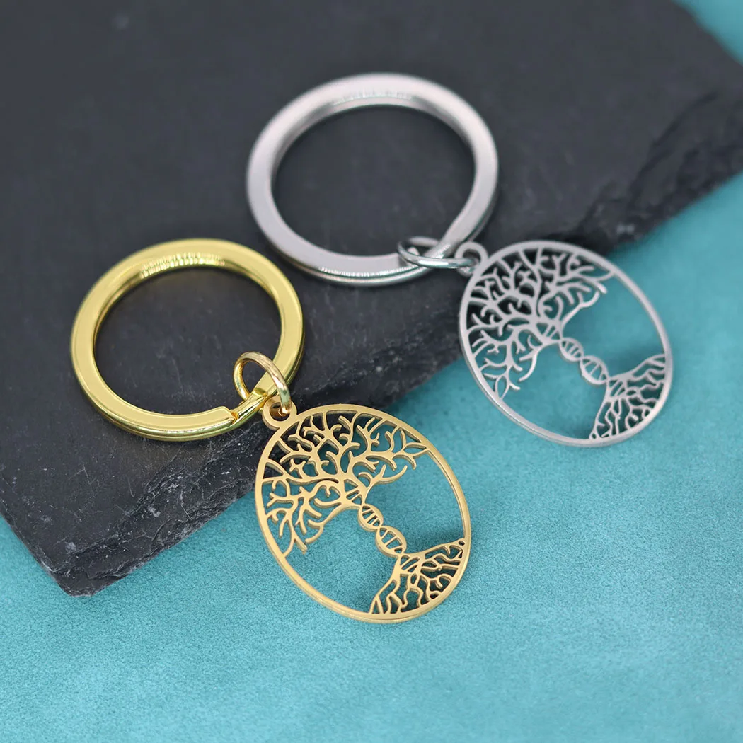 Tree of life with a DNA Trunk Pendant Keychain For Men Women Stainless Steel Genealogy Keyring Bioscience Molecule Key Chains