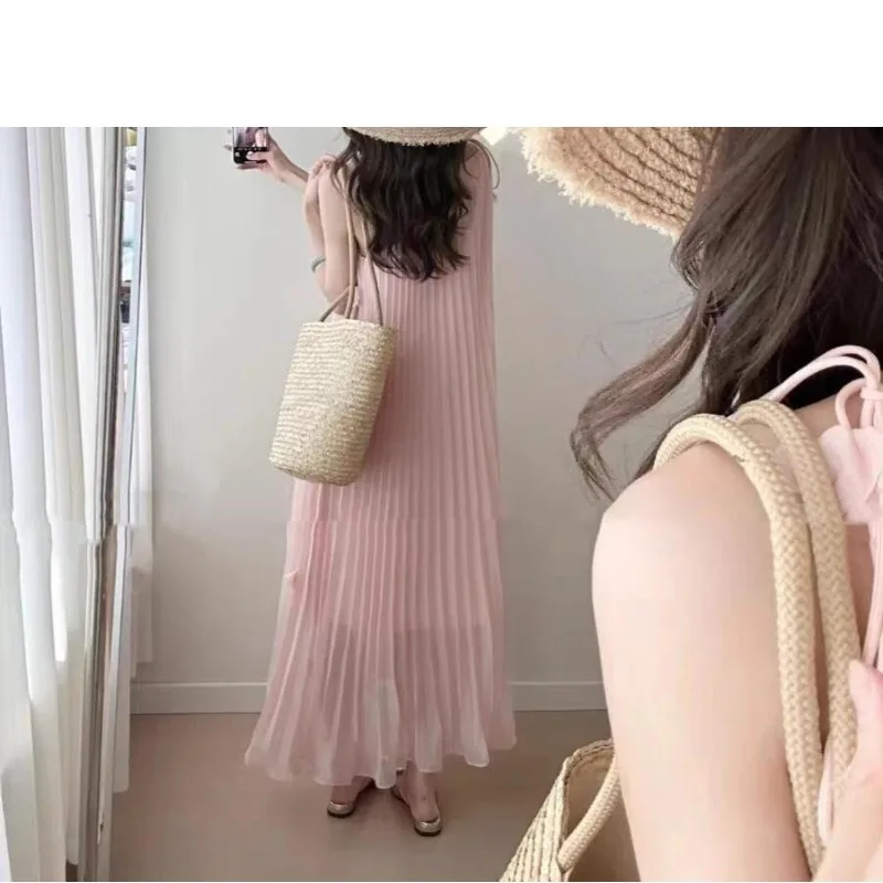 Women\'s Clothing Tie Flowers Solid Color Summer Sleeveless Camisole Slash Neck Casual Elegant Fashion Shirring Straight Dresses