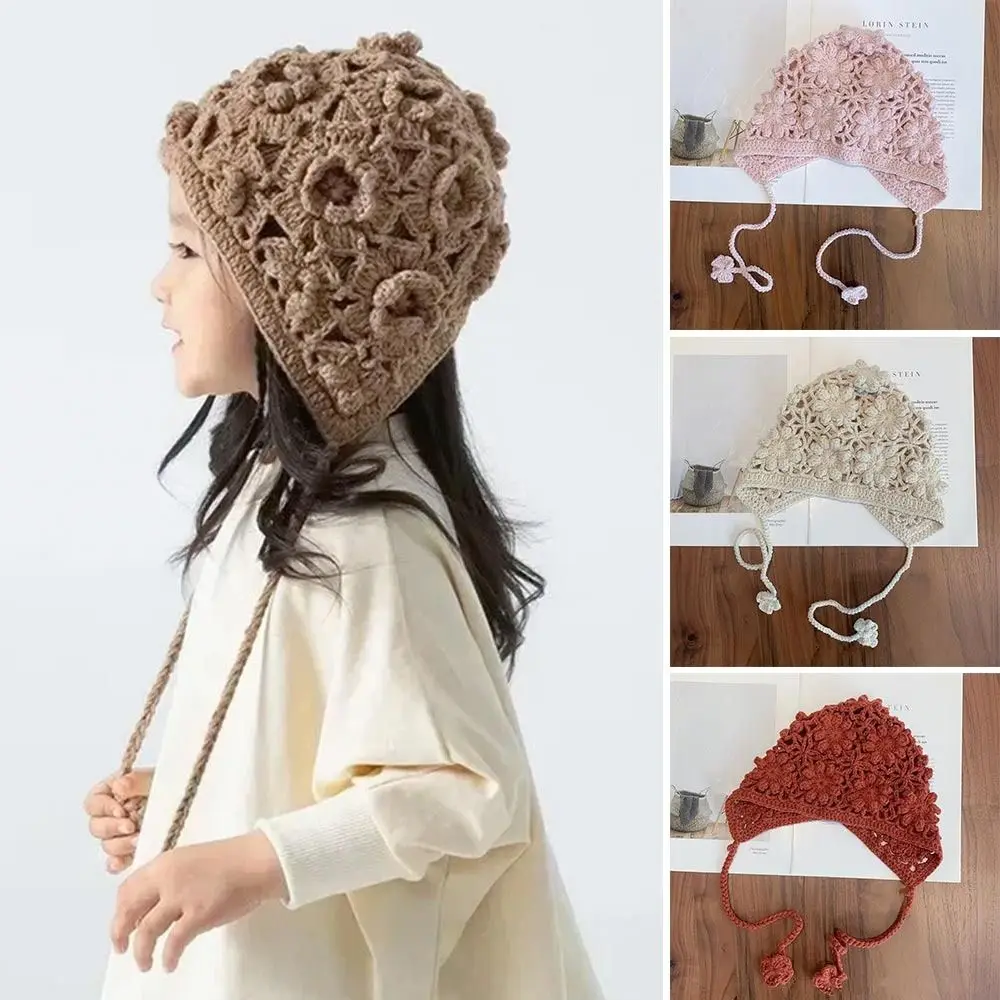 Breathable Handmade Kids Knitted Hat Hollow Flower Fringed Beret Cap Casual Crochet Princess Cap for Child Girls