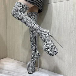 Brand Pole Dancing 20cm Thin Heels Stiletto Over The Knee Long Boots Platform Women PUNK Pumps 22cm Ladies Leopard Print Shoes