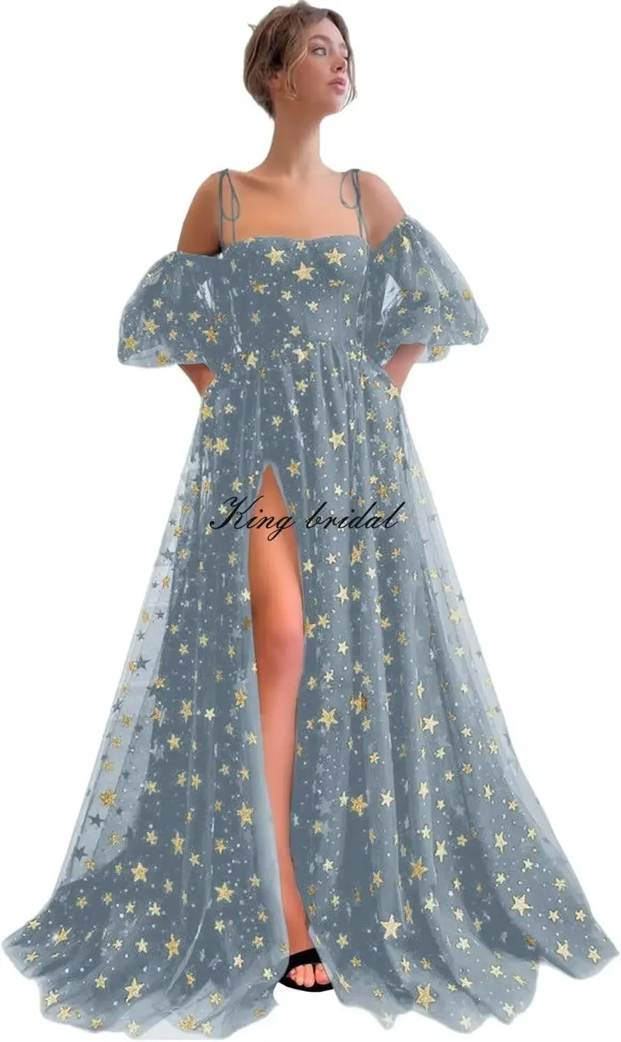 ชุดเพื่อนเจ้าสาวรุ่นจูเนียร์ ผ้าทูลล์วิบวับประดับดาว ชุดราตรีออกงานสำหรับผู้หญิง แขนยาวพองฟู แต่งกลิตเตอร์รูปดาว ชุดราตรีงานเลี้ยง