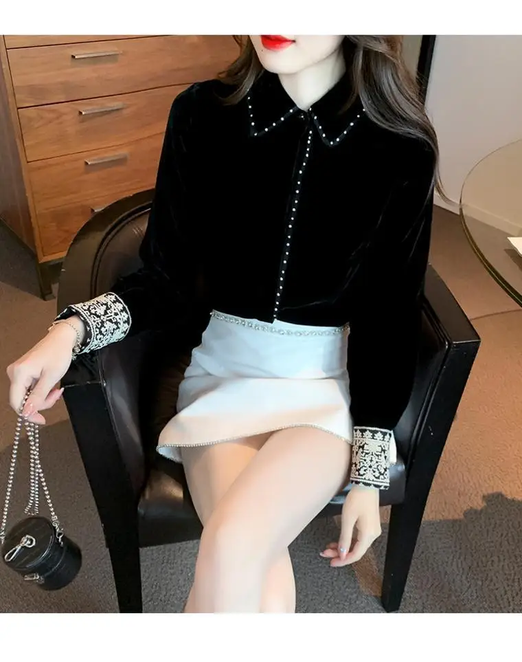 Golden Velvet Shirt with Lace Basewomen\'s Outfit Interior for Spring and Autumn Winter 2023 New Fashionable and Stylish Style