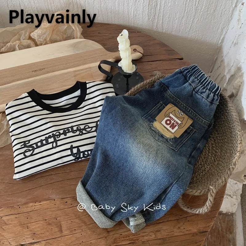 

Рваные джинсы в корейском стиле для мальчиков, весенне-осенние детские потертые джинсовые брюки с эластичной резинкой на талии, повседневная универсальная детская одежда A0297