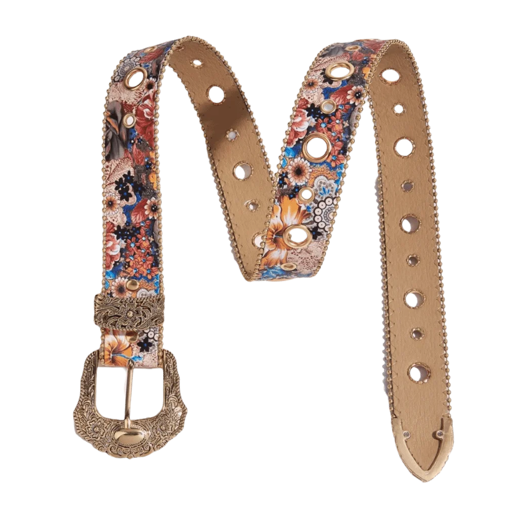 

Adjustable Women's Belt Carved Buckle Eye-catching Floral Printed Waistband PU Leather Vintage Cowgirl Belt for Jeans Pants