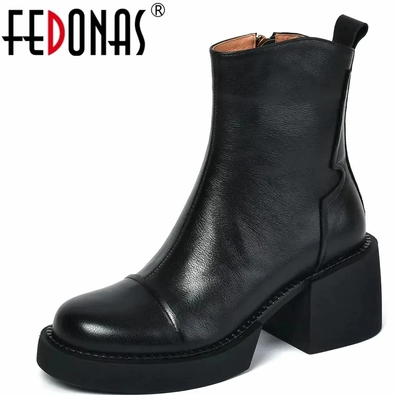 FEDONAS Retro Mature Female Concise Women Ankle Boots Genuine Leather Thick Heels Autumn Winter Side Zipper Office Shoes Woman