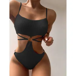 Cikini-Ring Linked Cut-out Swimsuit for Women, Monochrome, Beach Swimwear, Bathing Suit, Summer