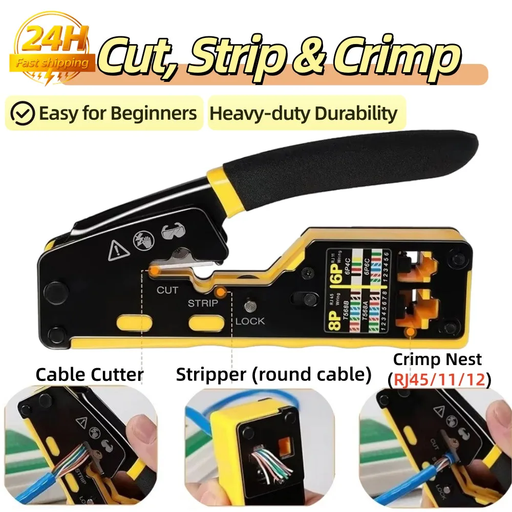RJ45 Network Crimper Pass Through Multifunction Ethernet Crimping Pliers Crimp/Cut/Strip for Cat6 Cat5 Cat5e RJ45 Connectors