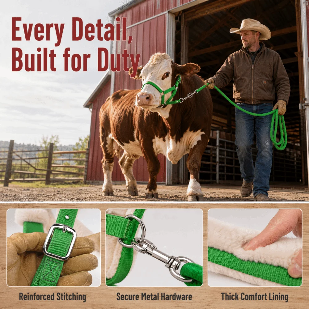 Plush Nylon Cow Halter Adjustable with Long Lead Rope Halter Lead Rope Set Fleece-lined Comfortable Animal Training Harness