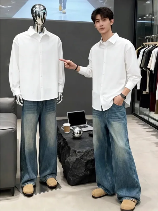 

White Long Sve irt Men's Spring Korean Sle Casual Faion Inner Wear Layered irt Cleanfit Formal Jaet
