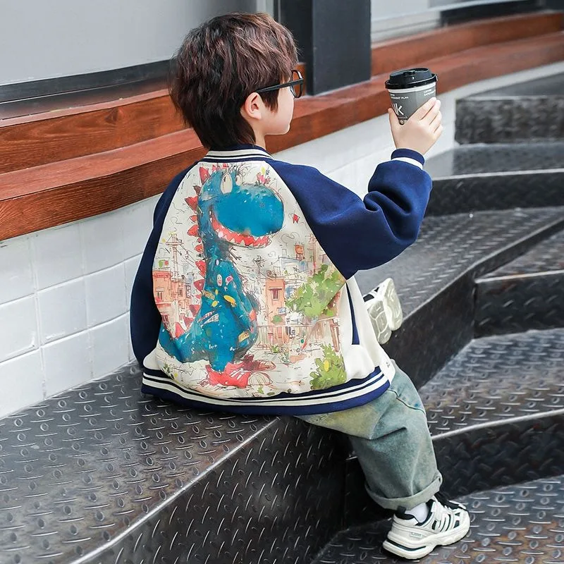 

2025 New Boys' Dinosaur Print Baseball Jacket Korean Style Trendy Baby Boy Spring Autumn Outdoor Jacket