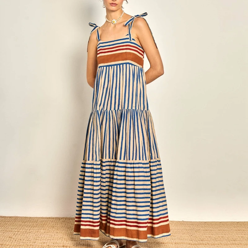 

Women Striped Sleeveless Maxi Dress Flowy Smocked Tie Shoulder Backless Spaghetti Strap Long Dress Beach Style Boho Sundress