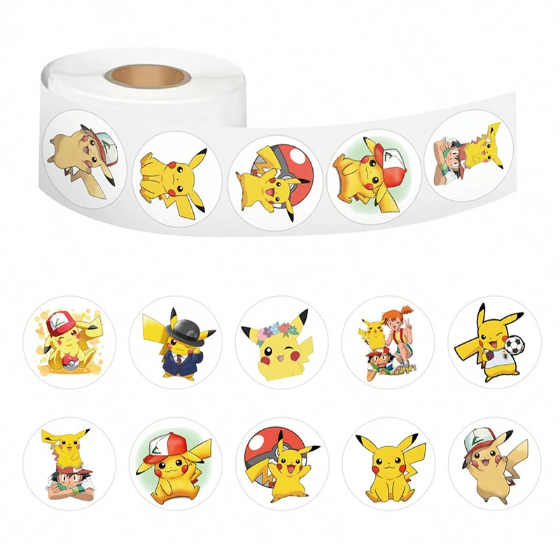 500 hojas/rollo de pegatinas de Pokemon Pikachu, rollo de cinta de dibujos animados de Anime, Cuenta de mano, decoración artesanal, cuaderno, pegatinas de papelería móvil