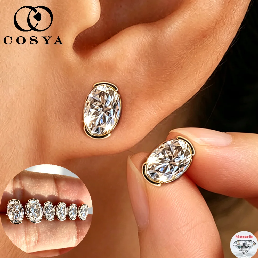 COSYA 0.5-2ct Oval Cut Certified Moissanite Stud Earrings for Women S925 Silver 18K Gold Plated D Color Lab Diamond Fine Jewelry
