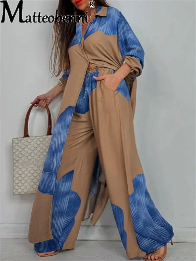 

Женская осенняя мода, повседневная свободная рубашка с цветными блоками, топ и брюки, комплект из двух предметов, удобные прямые брюки, женские костюмы 2025